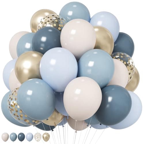 HILAVO Dusty Blue Balloons 12 Inch Pastel Fog Blue Slate White Sand Metallic Gold Confetti Party Balloons Light Baby Blue White Gold Latex Balloon for Boy Baby Shower Birthday Wedding Party Decoration