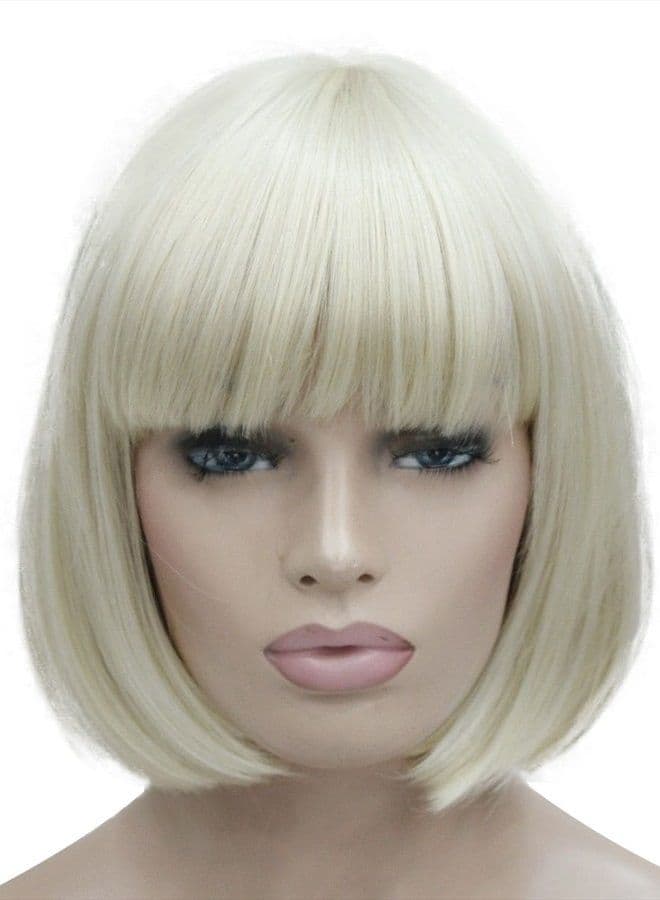 8" Straight Short Bob Hair Flat Bangs Cute Central Dot Skin Top Heat Resistant Synthetic Wigs (614 Pale Blonde)