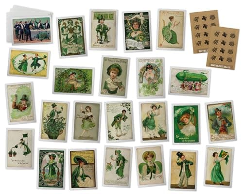 Vintage St. Patrick's Day Note Cards - 24 Antique St. Patricks Cards with Envelopes & Vintage Sticker Seals - 24 Assorted Retro Illustration Cards Printed on Antique Textured Style Cardstock
