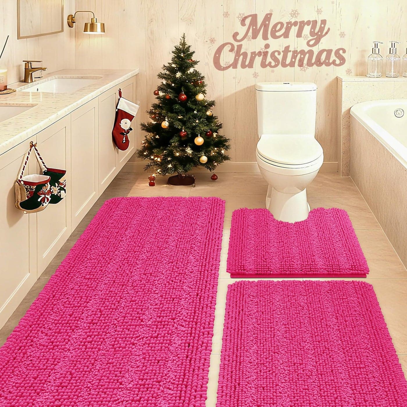 ACCUMTEK Christmas Striped Hot Pink Bathroom Rug Set 3 Pieces Ultra Soft Non Slip Chenille Toilet Mat Absorbent Plush Shaggy Bath Mats for Bathroom Bedroom Kitchen Peach