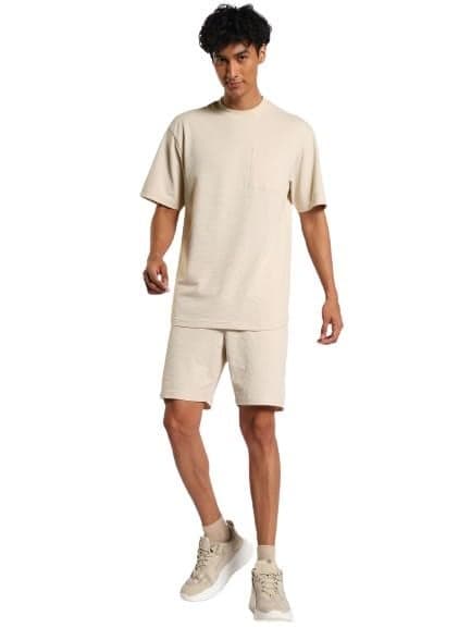 NOBERO Men's Sand Oversized Hudson Co-ord Set - Brown Popcorn Textured Co-ord Set - Oversized Co-ord Sets For Men - M
