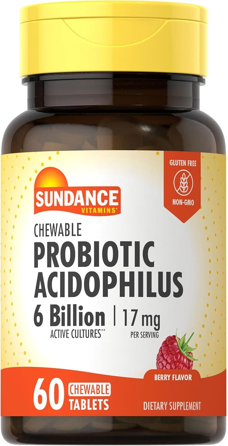 Sundance Probiotic Aciophilus 17mg 6 Billion Active Cultures 60 Chewable Tablets Berry Flavor Vegetarian NonGMO and Gluten Free Supplement