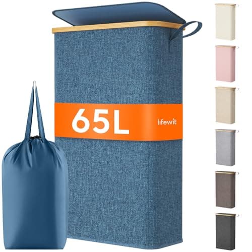 Lifewit 65L Slim Laundry Hamper with Lid, Narrow Laundry Basket with Removable Bag & Bamboo Handles, Fodable Thin Dirty Clothes Hamper for Laundry Collapsible Bin for Bathroom Bedroom Dorm, Dark Blue