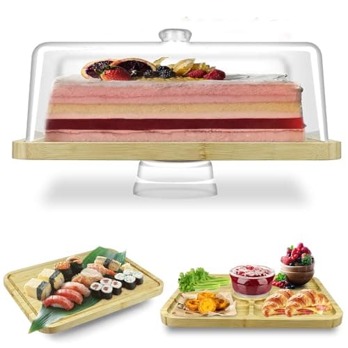 Cutesun Bamboo Wood Cake Stand with Lid - Rectangular Cake Holder, 16'' 2-in-1 Dessert Table Display Set & Charcuterie Board for Cheese, Chips, Fruit Platter, Large/big Acrylic Cake Dome Cover, Natural