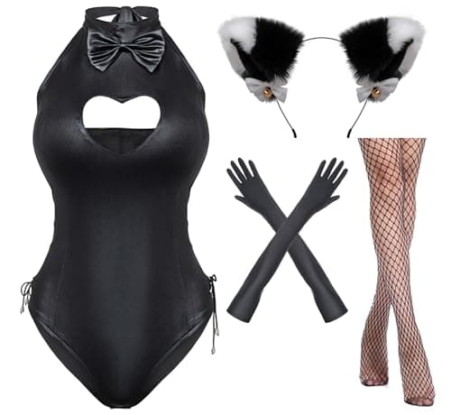 Yuriko Womens Bunny Costume Girl Suit Button Crotch Romper Onesie Bodysuit Cosplay Costume Furry Cat Ear Gloves Socks setBlack M