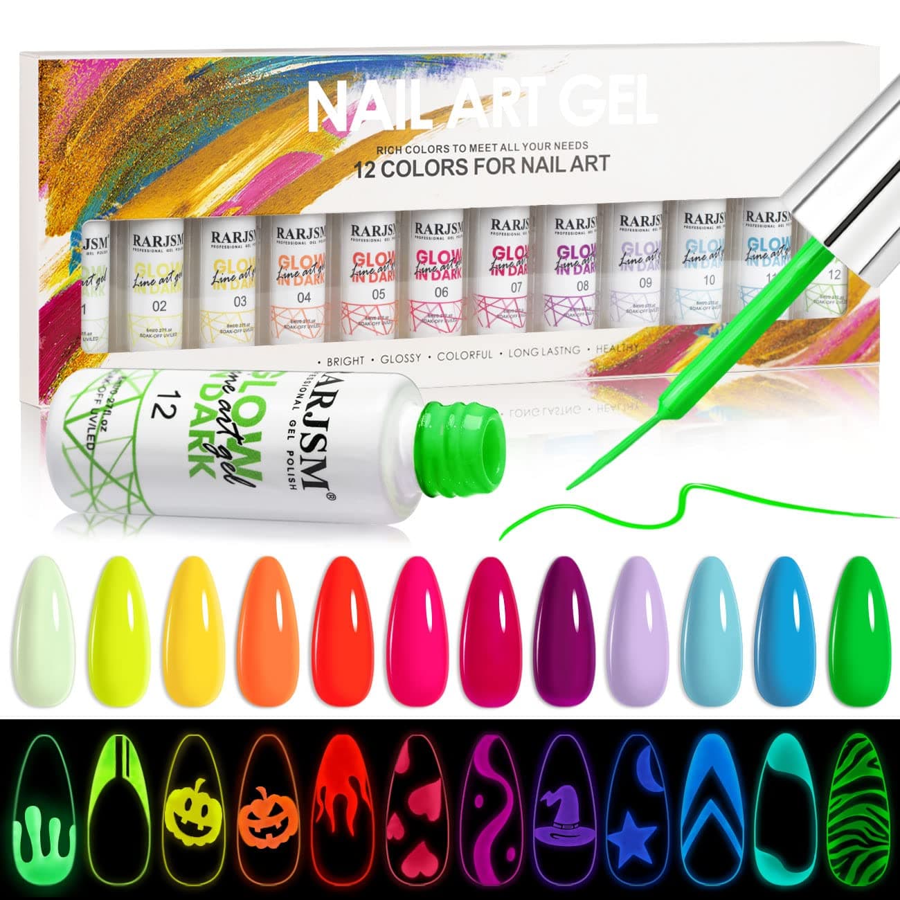 RARJSM Nail Art Gel Set, Glow In The Dark Gel Liner Nail Art Polish Luminous Gel Design Nail Polish Neon Fluorescent Drawing Painting Nail Art Polish