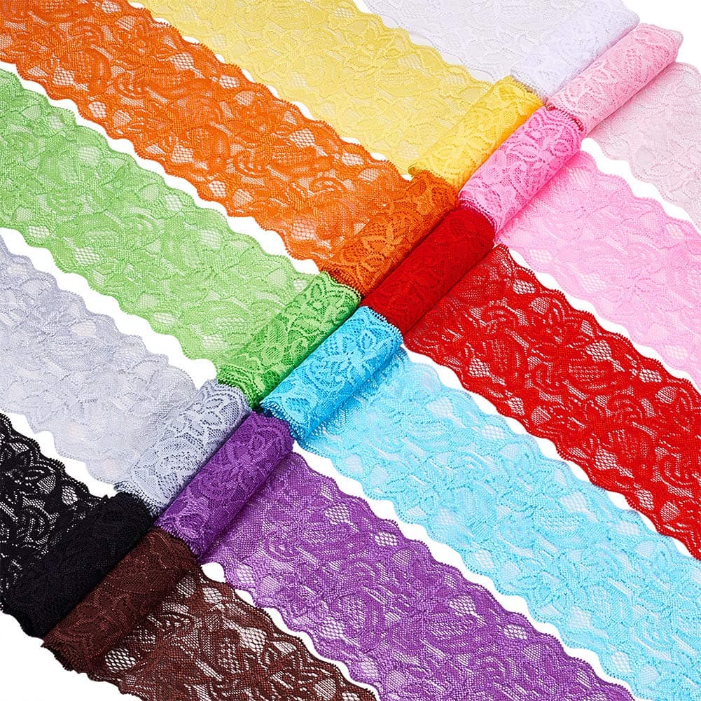 BENECREAT 30 Yards Lace Fabric Stretch Elastic 315 inches Wide Trim Lace for Headbands Garters Wedding Bouquet Making 30 Colors 1 Yard Per Color