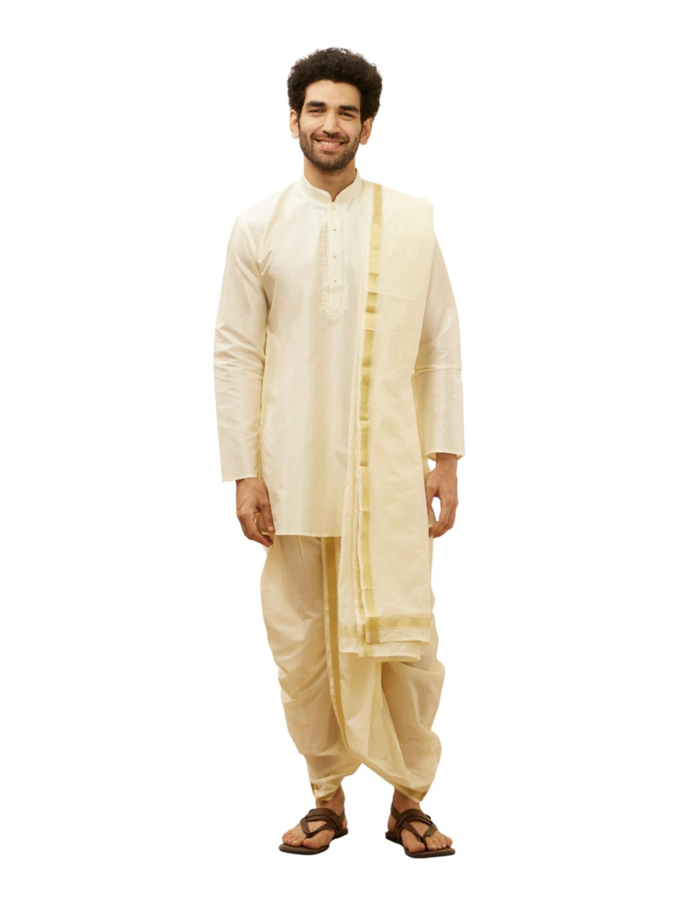 Manyavar Elegant Solid Plain Kurta and Dhoti Set For Men - (White, Large)