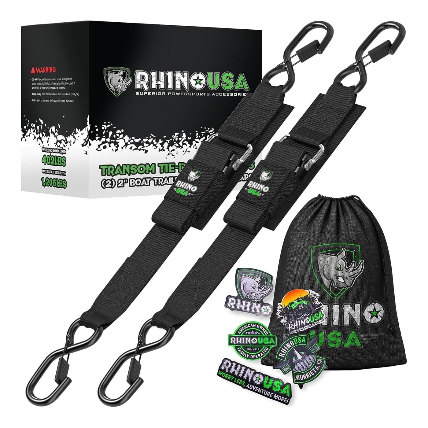 Rhino USA Boat Trailer Straps (2-Pack)- Heavy Duty 2 Inch x 48 Inch Boat Tie Down Straps to Trailer- Ultimate Adjustable Transom Tie Down Straps for Trailering Safety with Boat, Jet Ski, & More! Black