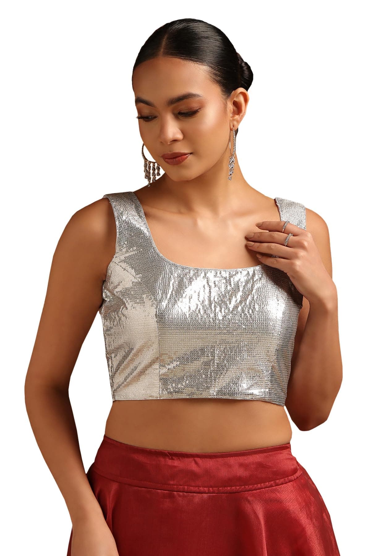 Soch Womens Silver Art Silk Sleeveless Blouse with Sequins