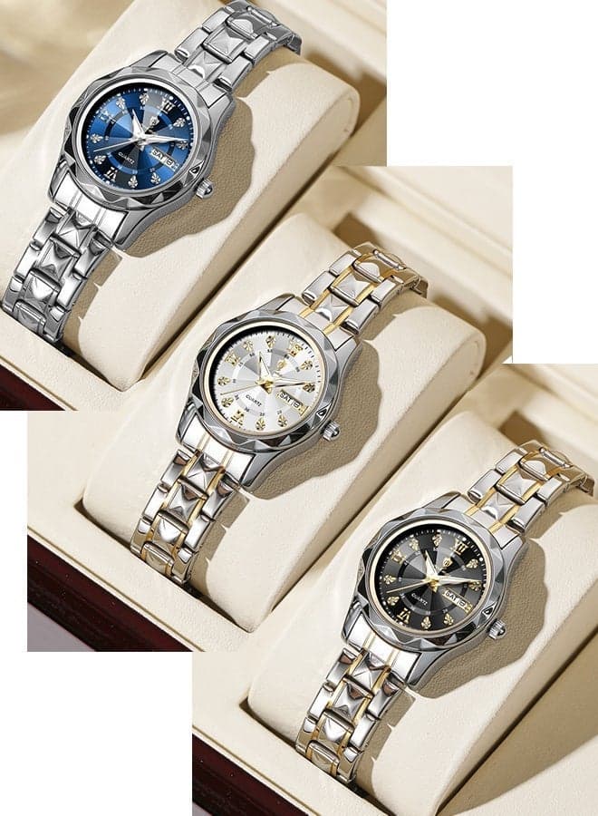 3 Pcs Women Quartz Watches, Top Brand Luxury Fashion Ladies Analog Waterproof Luminous Date Stainless Steel Band Wrist Watch - 28mm - Mother or Girlfriend Gift & Eid Ramadan Gifts