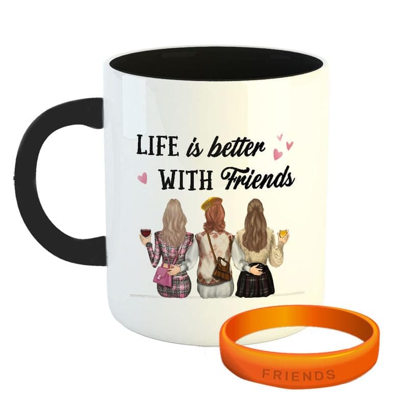 YaaNaa Happy Friendship Day Coffee Mug with 1 Friendship Band Friends 3 Girls Gifts for Best Friend Bestie Girls Boys R5339BK