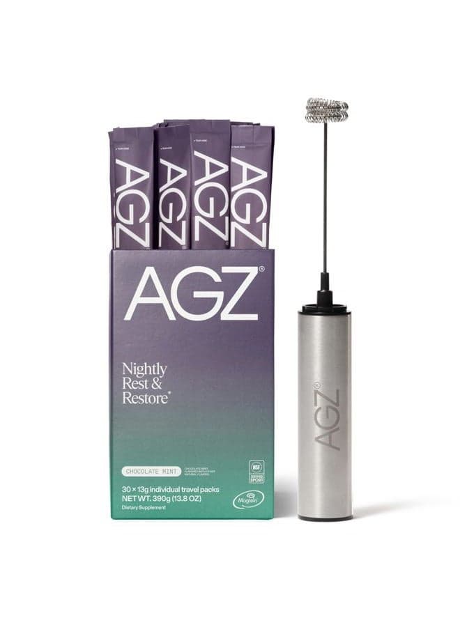 AGZ Sleep Drink – 30-Count Calming Sleep Aid Powder + Frother, Melatonin-Free Nighttime Blend with Magnesium, Ashwagandha, Saffron & Valerian – Herbal & Adaptogen Drink Mix (Chocolate Mint)