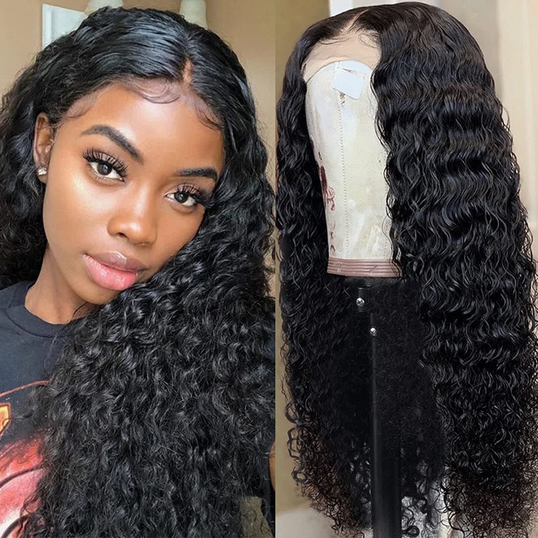 kiss love Glueless Wigs Human Hair Pre Plucekd with Baby Hair 180 Density Deep Wave Closure Wig Glueless Wig 4x4 HD Transparent Lace Curly Wigs 26Inch