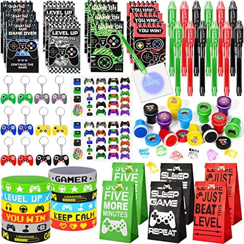 Winrayk Video Game Party Favors Gamer Birthday Supplies Kids, Invisible Ink Pen Notebook Gift Bag Stamper Bracelet Keychain Sticker Pinata Goody Stuffer Teen Girl Boy Game On Gaming Party Favors Decor