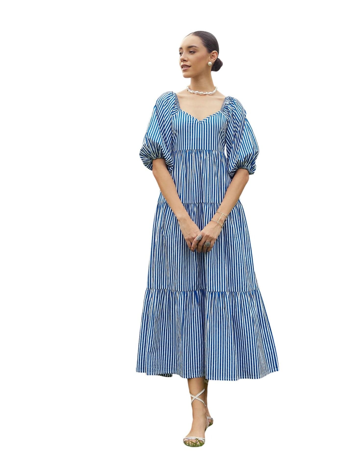 Pink Paprika by SASSAFRAS Blue & White Stripe V-Neck Tiered Dress