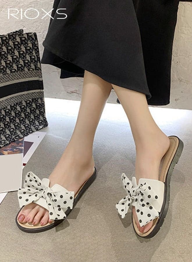 Women's Bowknot Flat Sandals, Summer Open Toe Bowknot Slippers, Breathable Non-Slip Beach Sandals, Soft Comfortable Slip On Slides, Dressy Vacation Sandals, Non-Slip Walking Sandals, Comfortable Slip On Slides, Fashion Sandals for Indoor or Outdoor Wear, White Footwear