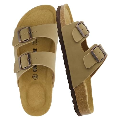 CUSHIONAIRE Lane Cork Footbed Sandals for Women – Comfortable Double Buckle Slip-On with Genuine Suede Footbed & Arch Support Slides for Women Footwear, TAUPE 12W