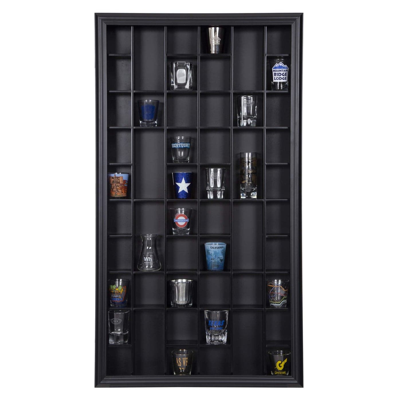 Gallery Solutions Black WallMounted Curio Shot Glass Display Case 17x32 Glass Door Bar Accessories Collectible Miniature Glassware Bar Accessories