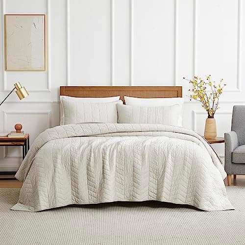 palassio Beige Cotton Quilt Queen Size Bedding Sets with Pillow Shams, White Lightweight Soft Bedspread Coverlet, Tan Cream Quilted Comforter Bed Cover for All Season, 3 Pieces, 90x96 inches