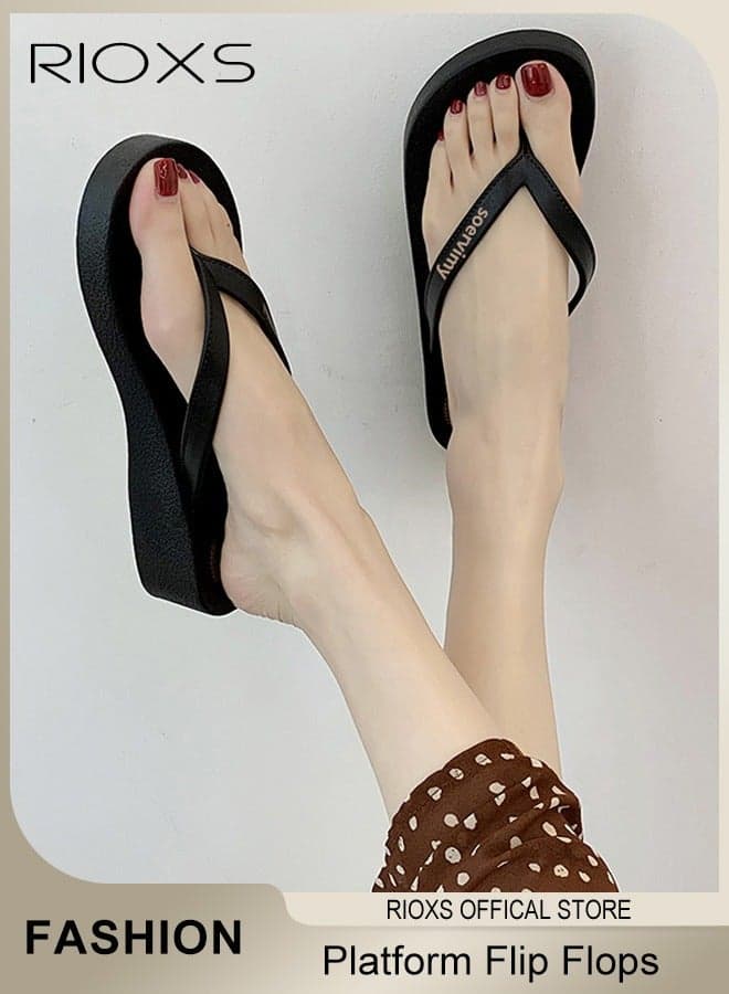 Women's Flip Flop Slippers, Chunky Heel Slippers For Women, Non-Slip Thick Sole Platform Slippers, Ladies Casual Thong Sandals, Cozy Shower Slippers, Slides Sandal Slippers, Leisure Flip Flop For Women, Indoor Outdoor Slippers For Bathroom/ Beach/ Sand/ Pool Deck