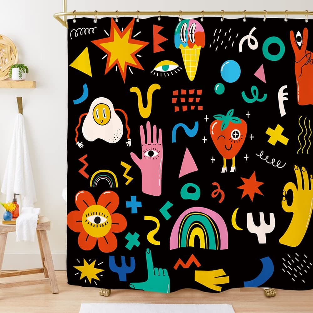 Miyotaa 70s Groovy Retro Shower Curtain Set 60Wx71H Inches Cute Funky Hippy Kids Cartoon Rainbow Trendy Colorful Polyester Waterproof Cloth Bathroom Curtain with 12 Hooks