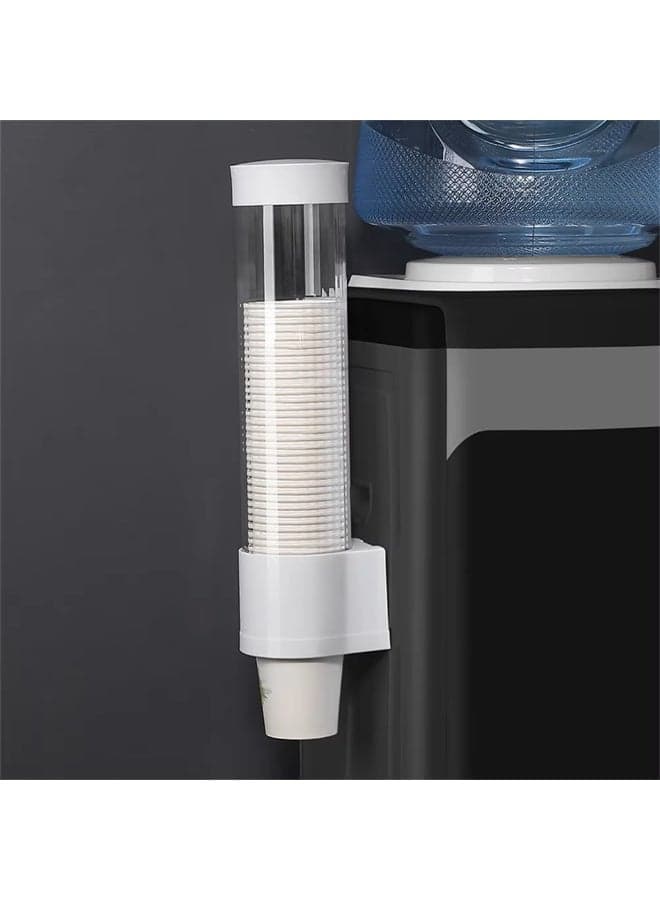 Wall Mounted Automatic Paper Cup Dispenser, No Drilling Self-Adhesive Holder for Disposable Cups, Plastic Cup Holder with Dustproof Lid, One-Handed Operation for Kitchen, Office, Cafe, Home