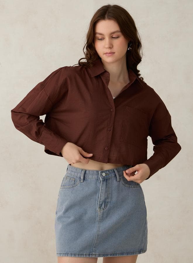 Brown Crop Solid Shirt with Pockets — XL