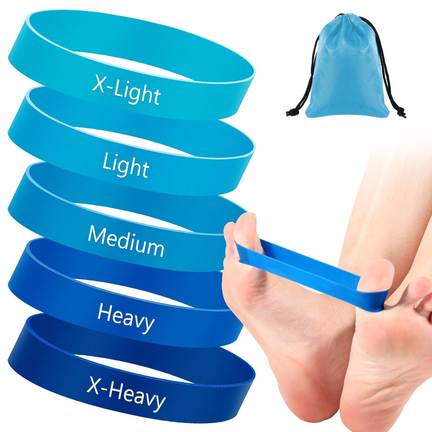 WinnerWhy Set of 5 Toe Stretcher Bands for Bunions Correction Foot Big Toe Spacers Resistance Straightener Loop Bands with Carry Bag for Women Men Hallux Valgus Alignment Yoga ExerciseBlue