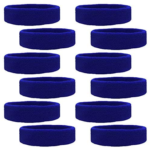 Kenz Laurenz 12 Sweatbands Cotton Sports Headbands Terry Cloth Moisture Wicking Athletic Basketball Headband (12 Pack) (Blue 12 Pack) Fits Most