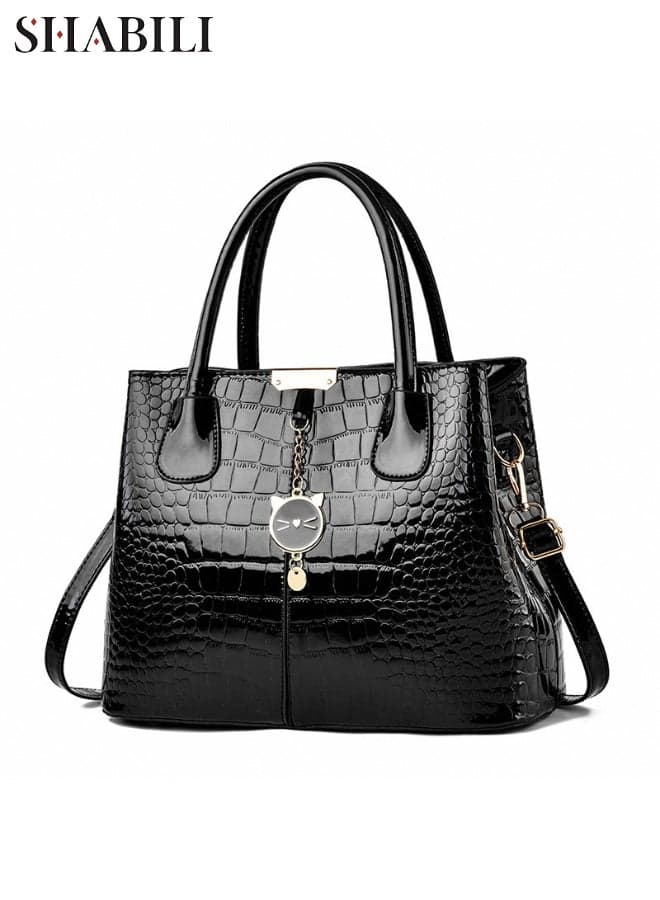 Women PU Large‑Capacity Multi‑Pocket Shoulder Bag Crossbody Bag Satchel Bag Tote Handbag Cross Bags, Ladies Croc‑Texture Stitching with Premium Hardware & Kitten Pendant for Casual Party Travel(Black)