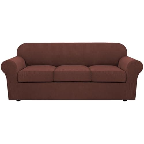 H.VERSAILTEX 4 Piece Stretch Sofa Covers for 3 Cushion Couch Covers for Living Room Furniture Slipcovers (Base Cover Plus 3 Seat Cushion Covers) Upgraded Thicker Jacquard Fabric (Sofa, Burnt Brick)