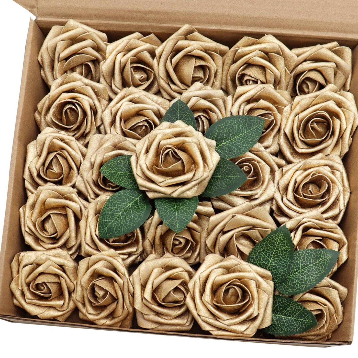 JRijzen Artificial Flowers 50PCS Real Looking Gold Roses Fake Roses with Stem for DIY Wedding Bouquets Centerpieces Party Baby Shower Home Decorations