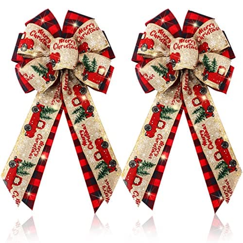 Giegxin 2 Pcs Large Lighted LED Red Bows 18 x 10 Inch for Christmas Tree Topper Pre Giltter Wreath Bow for Holiday Wreath Windows Ornaments Door Indoor Outdoor Wall DecorBuffalo Plaid