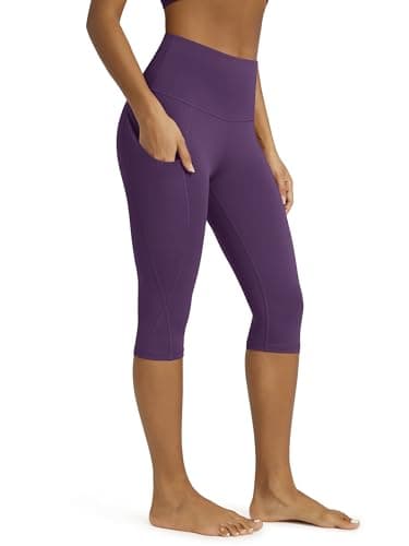 ODODOS Women's Knee Length High Waisted Yoga Capri Leggings with Pockets, Workout Running Sports Athletic Yoga Capris, Deep Purple, Large