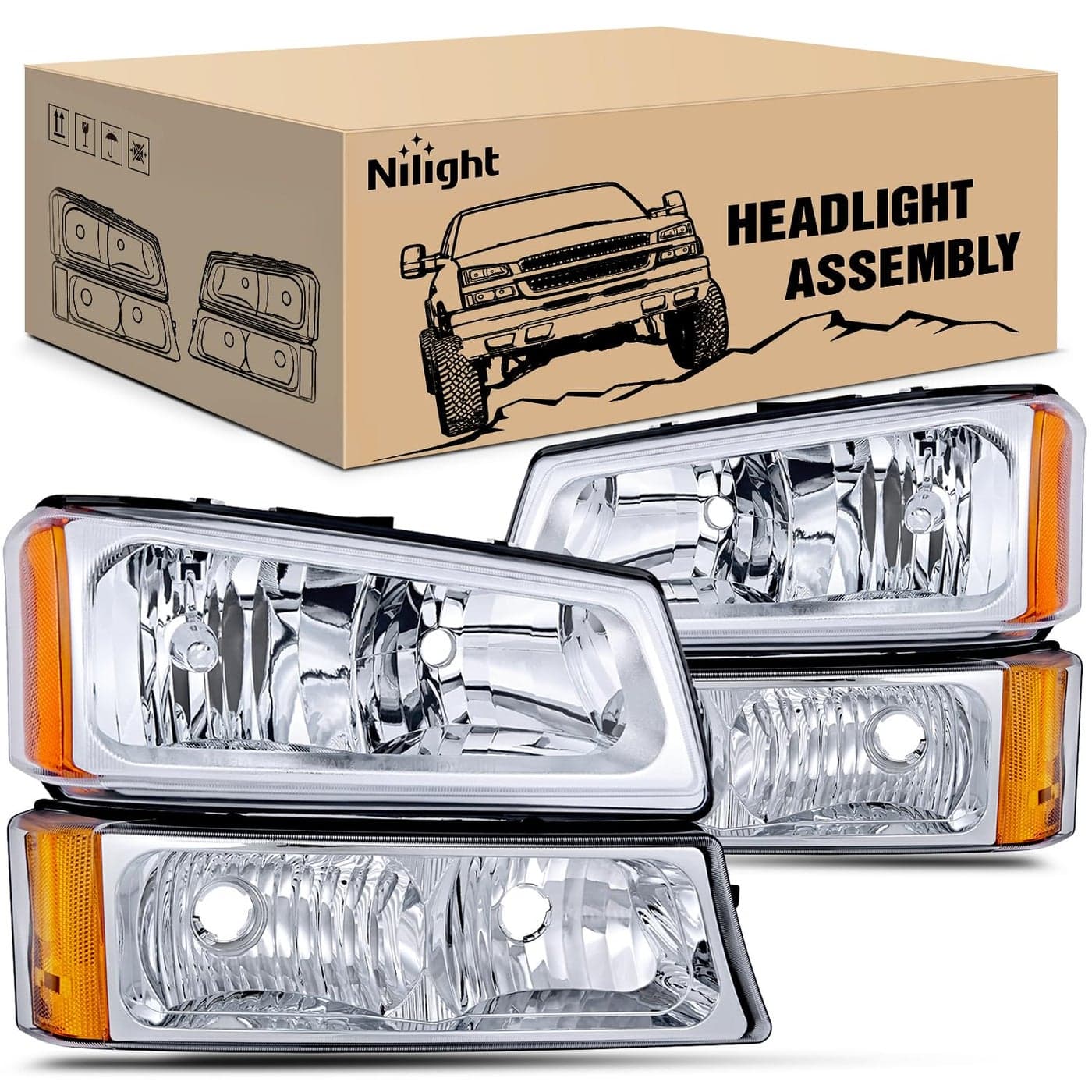 Nilight Headlight Assembly for 2003 2004 2005 2006 Chevy Silverado Avalanche 1500 1500HD 2500 2500HD 3500 Chevrolet Pickup Replacement Headlamp Housing Bumper Lamp Set