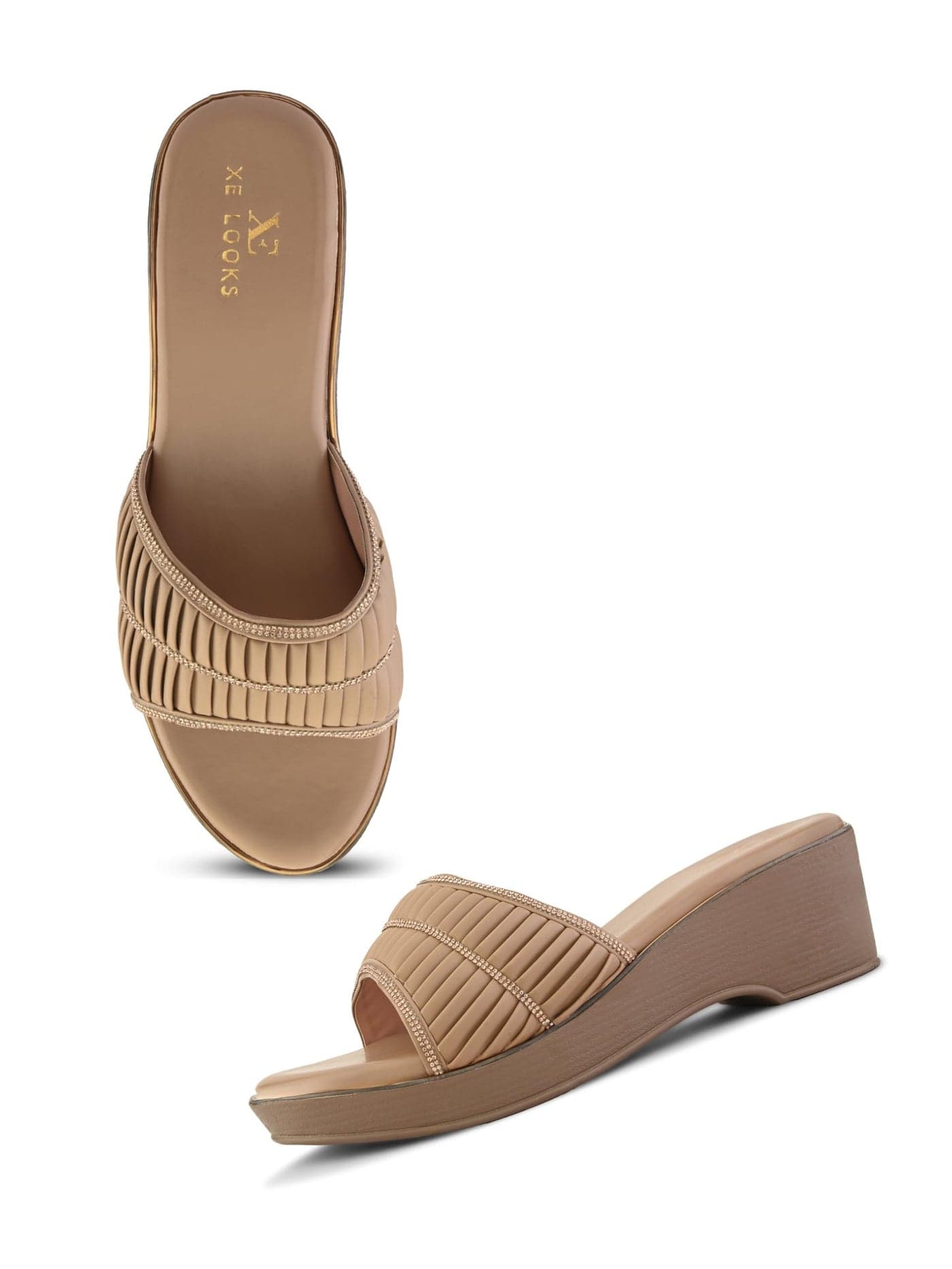 XE Looks Taupe Classic Wedge Sandals for Women | Broad Pleated Strap with Subtle Embellishment | Easy Slip-On Style | Lightweight & Comfortable Footwear for Daily and Casual Use