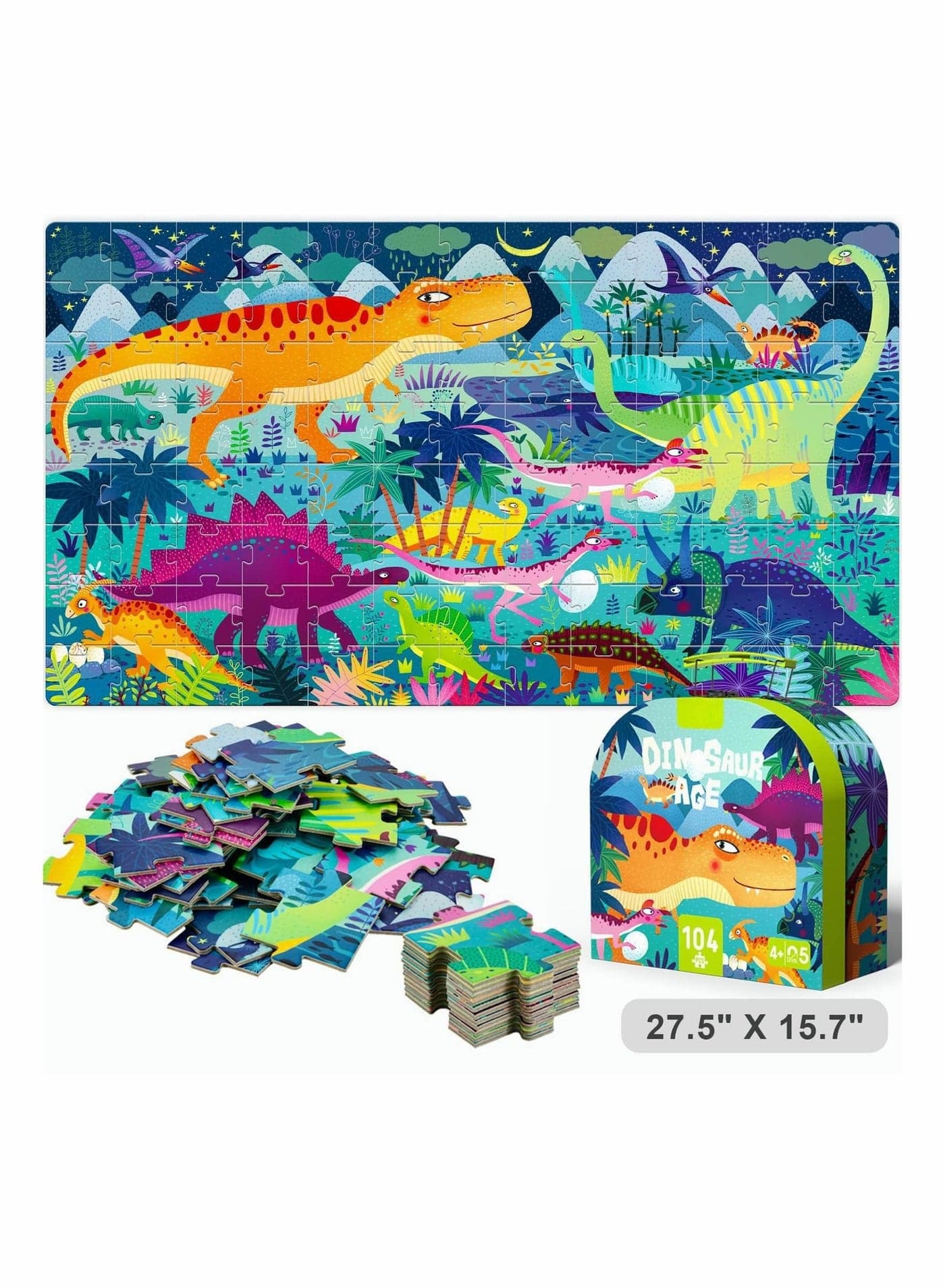 27.5 X 15.7 Puzzles for Kids Ages 4-8, Preschool Learning u0026 Education Toys, Jigsaw 6-10, Toddler Floor Puzzle Games with Storage Box (Dinosaur Age Puzzle)