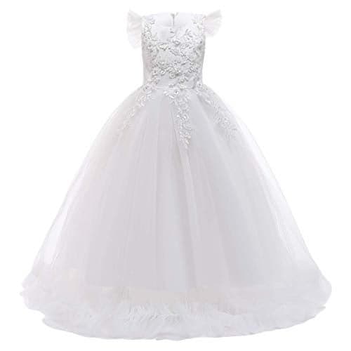 Big Little Girl Princess Embroidery Flower Lace Long A Line Pageant Dress Kids Floor Length Prom First Holy Communion Bowknot Dress Puffy Tulle Maxi Ball Gown for Wedding Party Birthday White 11-12