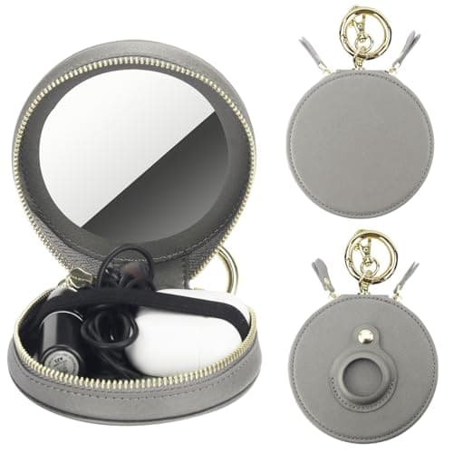Bocasal Coin Pouch Mini Lipstick Cosmetic Bag with Airtag Holder Mirror Leather Zipper Travel Makeup Bag Organizer Keychain Ring Clasp for Keys Earbuds Earphone Lip Gloss Chapstick Women Girls Grey