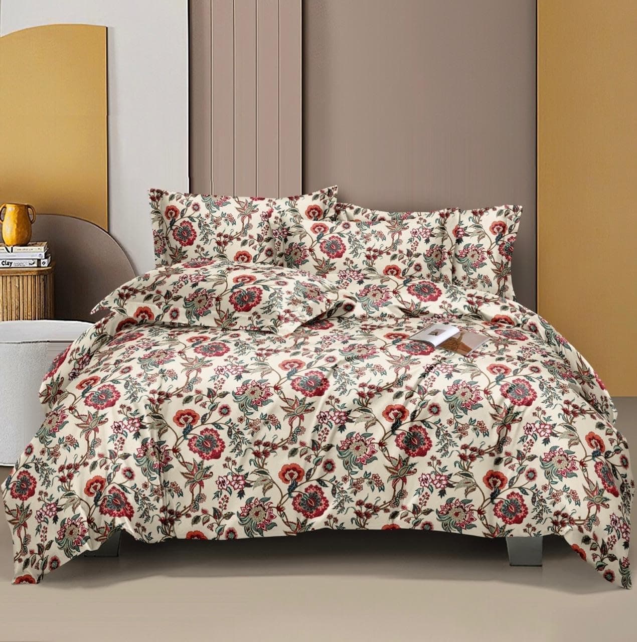 Furnistitchs Luxurious Cotton Blend Duvet Cover Comforter Cover Quilt Cover Razai Dohar Blanket Covers for Double Bed with Zipper Closure (Beige Jaipuri Floral, 90x100 inches)