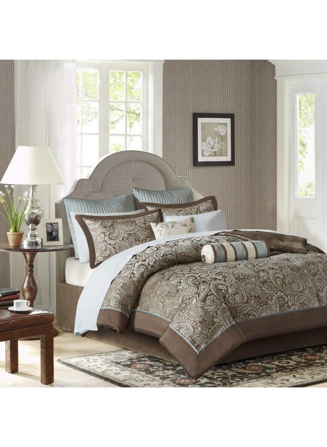 Madison Park Aubrey Cozy Comforter Set, Faux Silk Jacquard Paisley Design - All Season Down Alternative Bedding with Cotton Bed Sheets, Bed Skirt & Toss Pillows, California King Blue 12 Piece