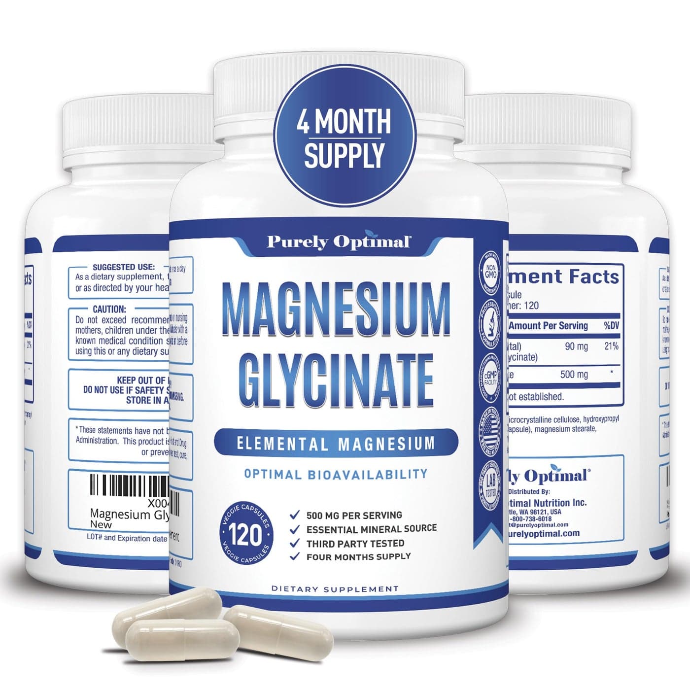 Purely Optimal Magnesium Glycinate 500mg High Potency for Sleep Support Stress Relief Muscle Relaxation Gentle on Stomach NonGMO 120 Vegan Capsules