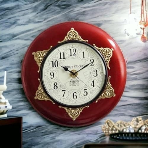 Vintage Clock Brass Inlay Wooden Shiny Red Handcrafted Analog Wall Clock/One Year Warranty / 9142-12-FH, 30x30 Cm