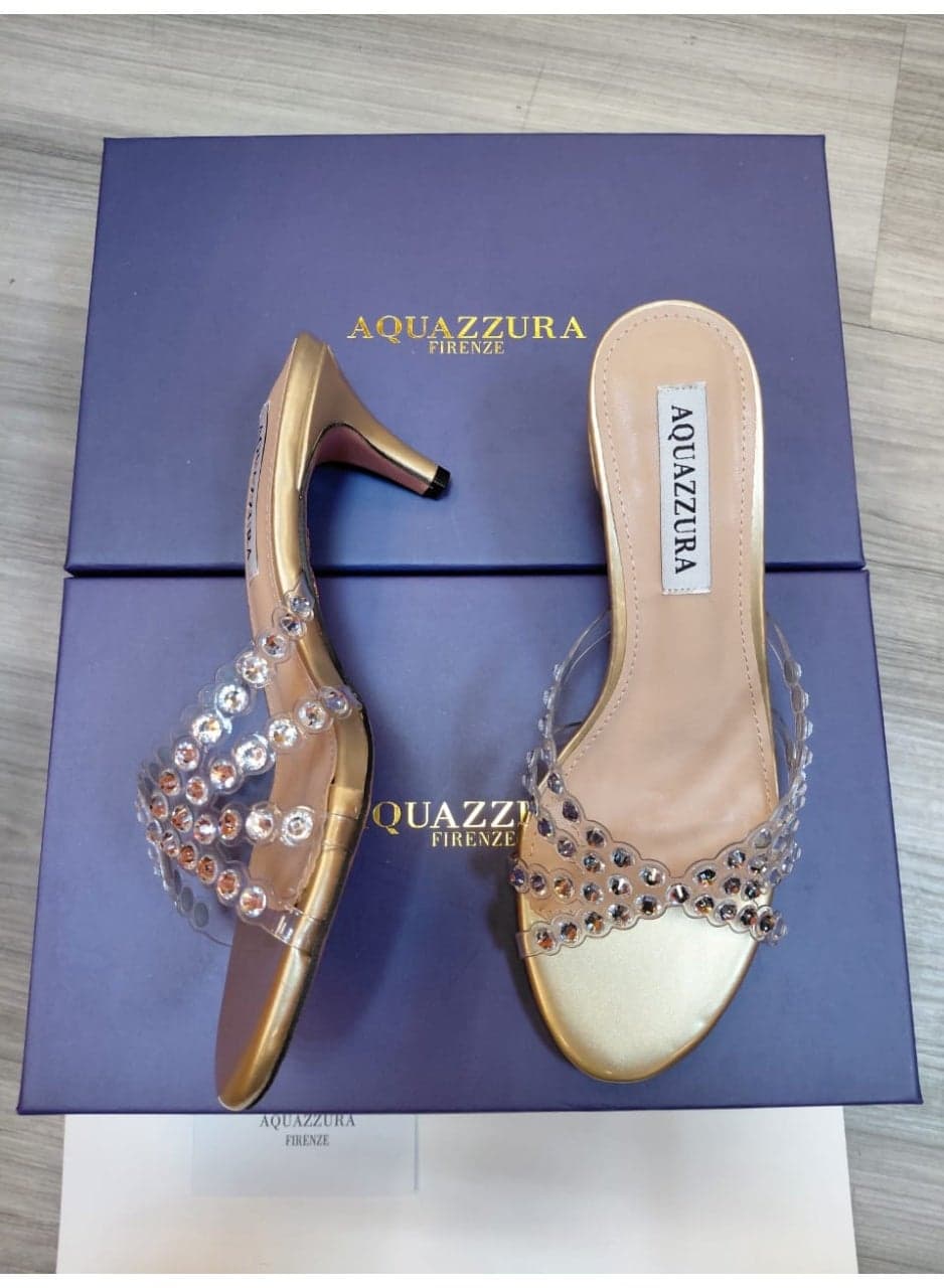 Aquazzura Women's High Heel Mules with Clear Embellished Straps — 40