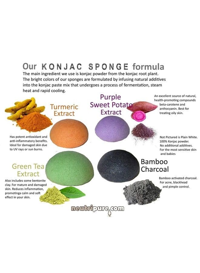 Konjac Sponge Set: Organic Skincare Facial for Natural Exfoliating and Deep Pore Cleansing 5 Piece Sampler Pack Infused with Charcoal, Turmeric, Green Tea