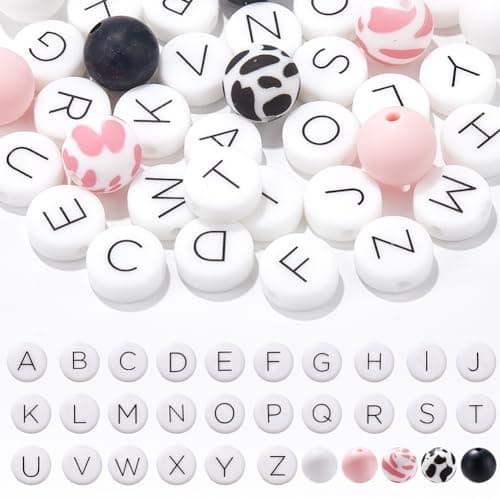 SUNNYCLUE 1 Box 36Pcs Silicone Letter Beads Bulk Alphabet Beads English AZ Capital White Black Pink Flat Round Loose Beads for Jewelry Making Beads DIY Crafts Necklace Bracelet Keychain Beginners