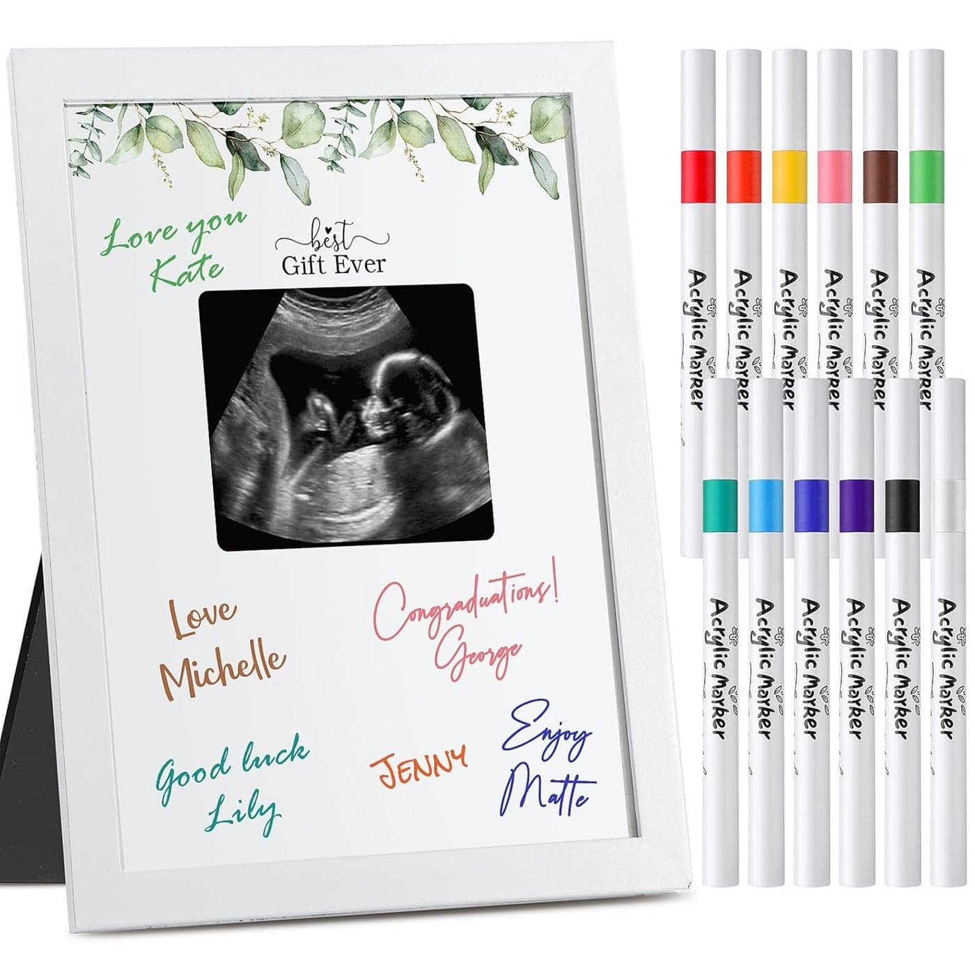 Maitys Ultrasound Picture Frame Baby Shower Sonogram Picture Frame Baby Shower Sign in Guest Book Alternatives Gender Reveal Pregnancy Keepsake Gift for Expecting Parents with 12 Acrylic Markers