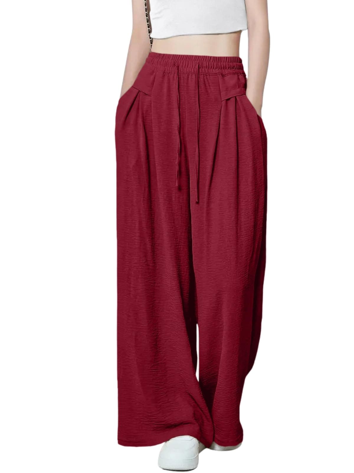 GRECIILOOKS Women's Loose High Rise Textured Trousers | High-Waisted Pant | Korean Trousars
