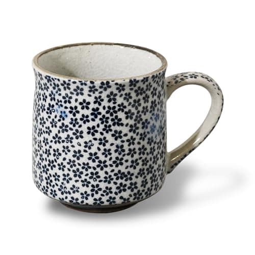 Nostalgic Mino Ware Ceramic Sometsuke Small Mug Cup - Japanese Crafted, Floral Pattern, Comfort Grip Handle, For Coffee and Green Tea or Soup, Matcha Tea, Gift Box Included (Mountain Cherry)